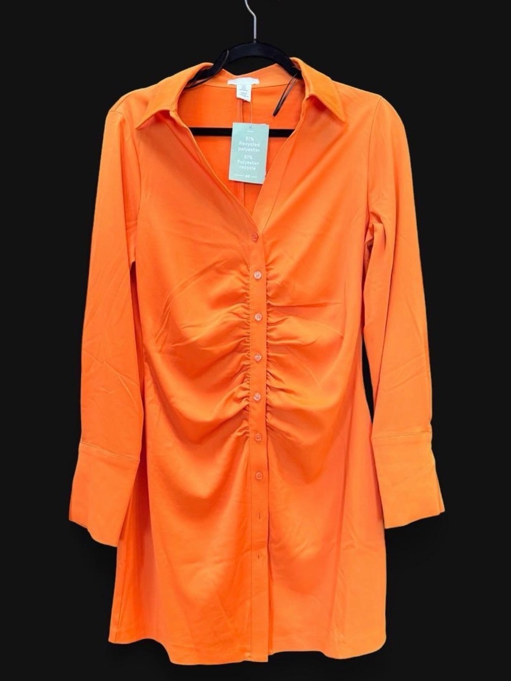 H&M Orange Ruched Button-Down Shirt Dress